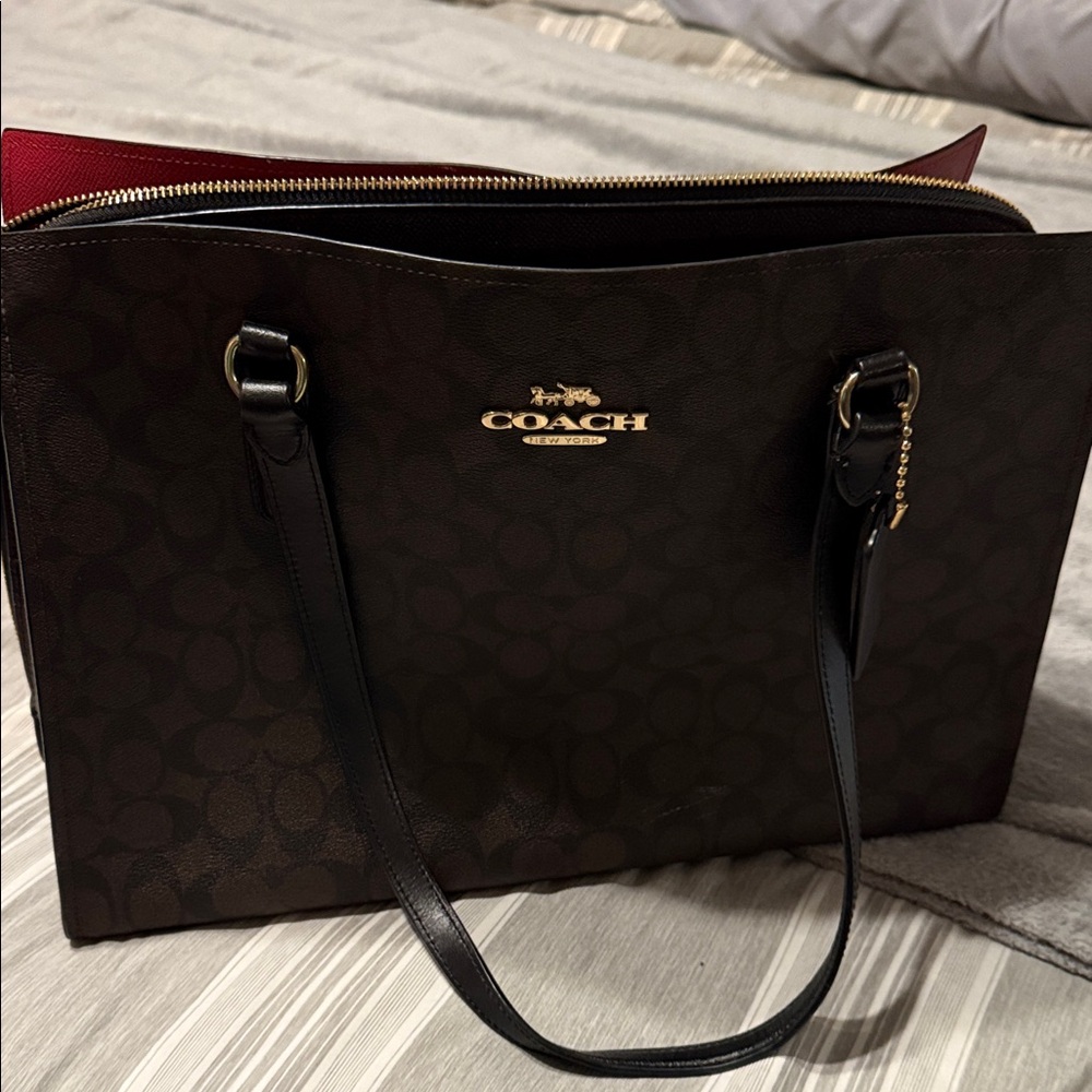 Coach Brown Signature Tote with Red Interior
